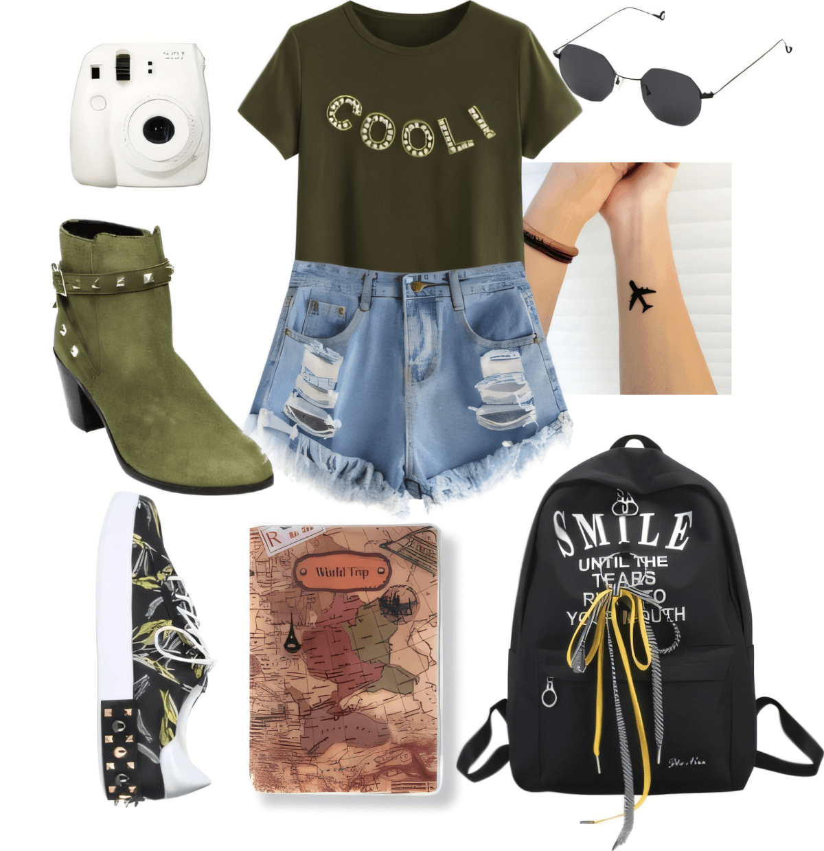 Atuendo casual y moderno con camiseta verde oliva, pantalones cortos de mezclilla desgastados, botas verdes, mochila negra, cámara instantánea y accesorios de viaje.