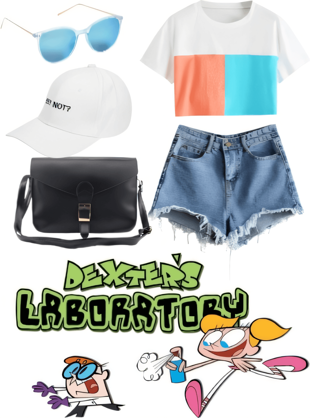 Summer outfit with color block white t-shirt, denim shorts, black crossbody bag, white cap, and blue sunglasses, featuring Dexter's Laboratory graphic