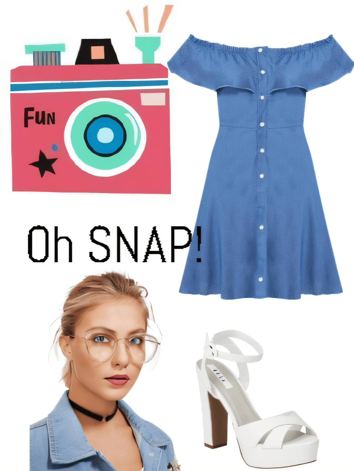 Off-shoulder button-down denim dress paired with white platform sandals, glasses, and vintage camera accessory