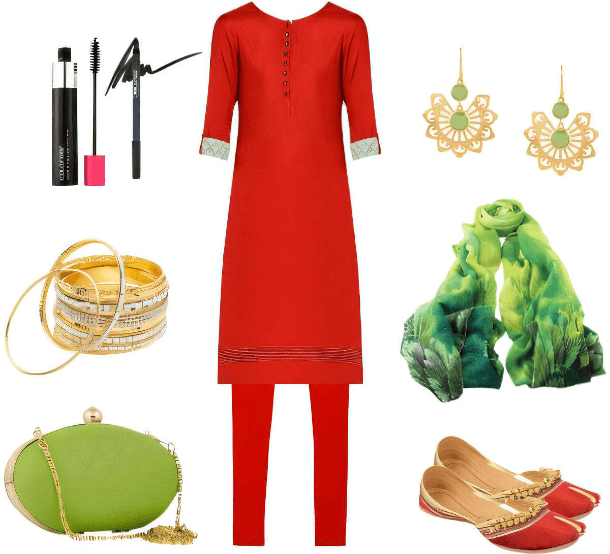Red kurta set with gold accessories featuring green clutch, red juttis, and statement jewelry