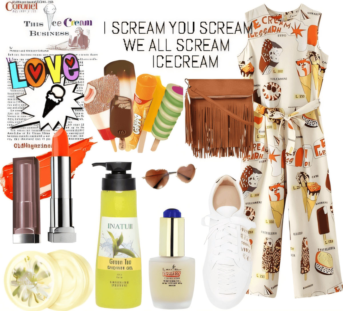 Tenue d'été composée d'une combinaison à imprimé glace, d'un sac à franges marron, de baskets blanches, de produits de beauté et d'accessoires sur le thème ludique de la glace