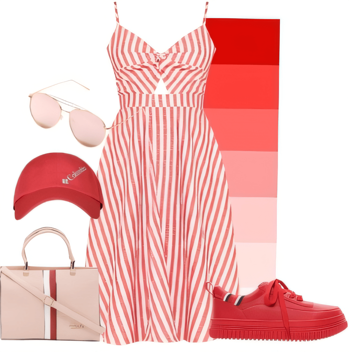 Summer outfit featuring red and white striped maxi dress, red sneakers, pink sunglasses, red cap, and beige structured handbag