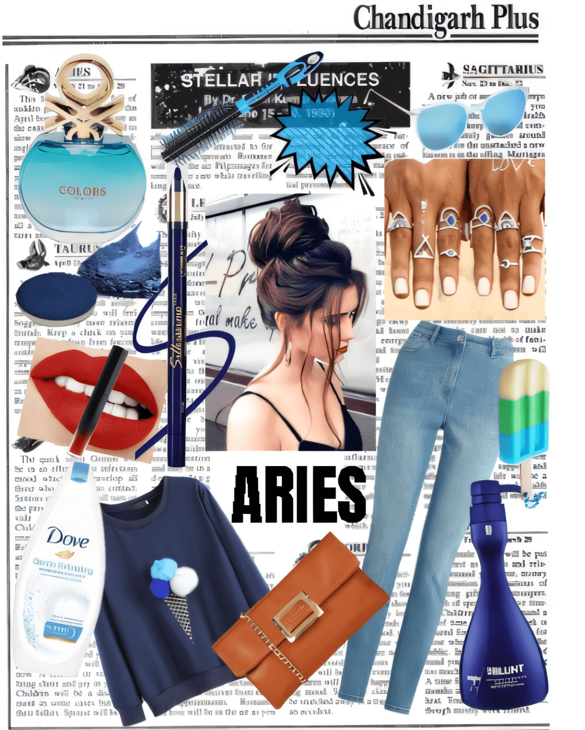 Astrological-inspired outfit featuring high-waist jeans, navy sweater, brown clutch, and blue accessories with makeup and perfume accents