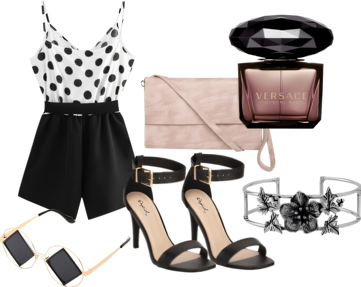 Fashion outfit featuring black and white polka dot cami top, black shorts, strappy black heels, pink clutch, Versace perfume, geometric earrings and floral cuff bracelet