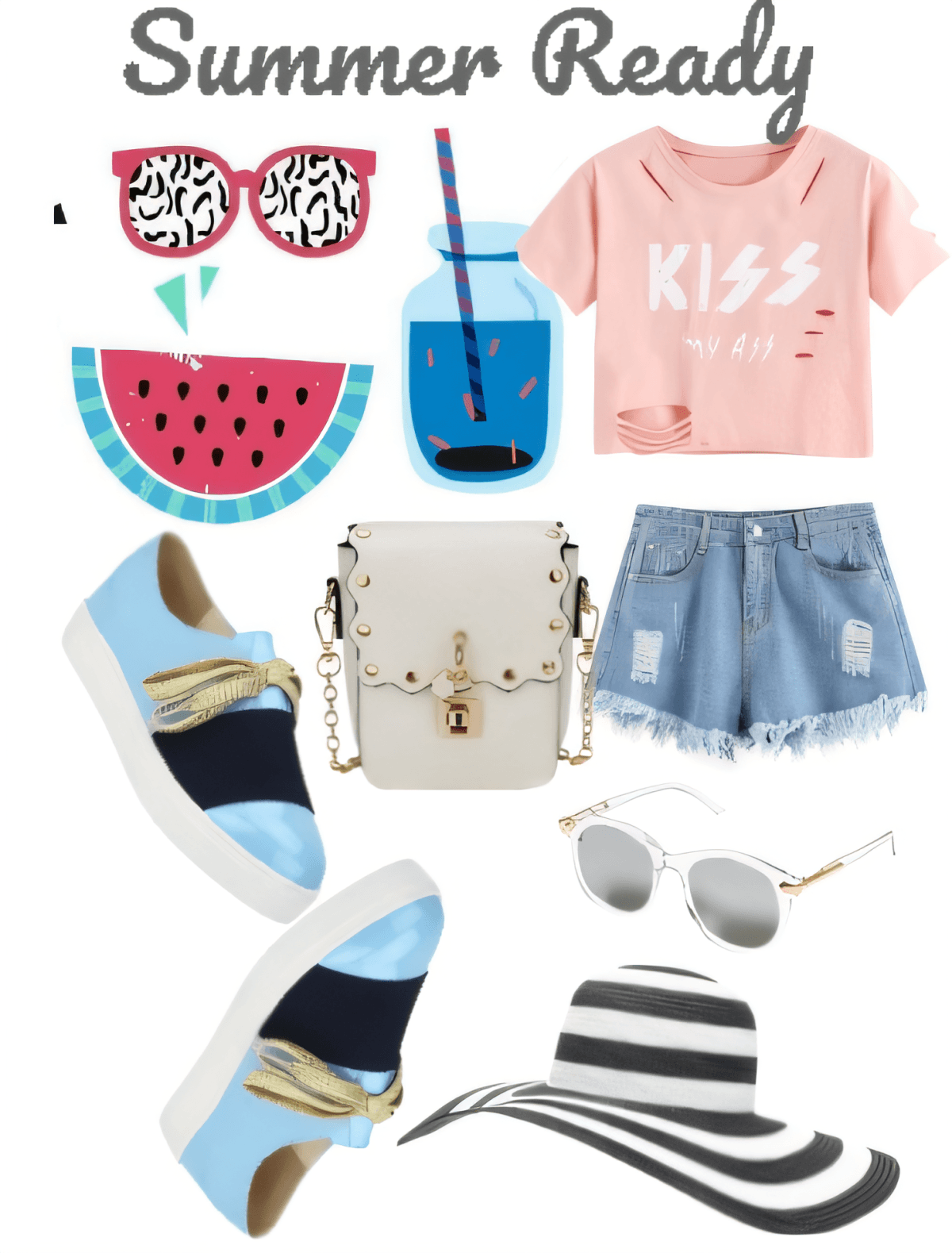 Tenue d'été avec crop top rose KISS, short en jean vieilli, baskets bleues, sac bandoulière blanc, chapeau de soleil rayé et accessoires amusants