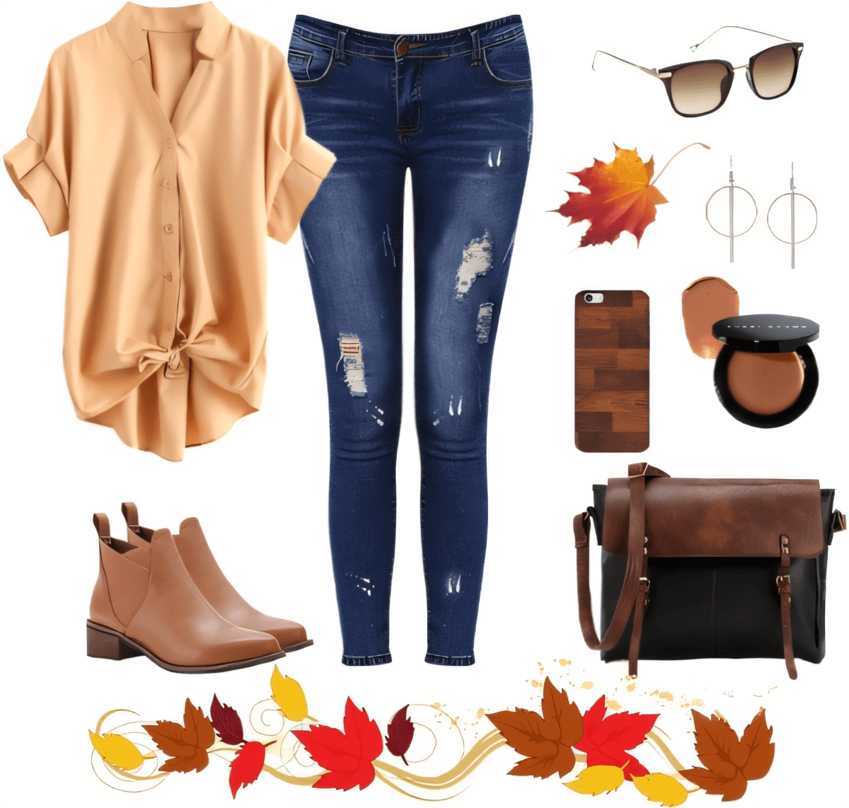 Fall outfit featuring peach button-down shirt, distressed skinny jeans, brown ankle boots, leather messenger bag, sunglasses, and autumn accessories