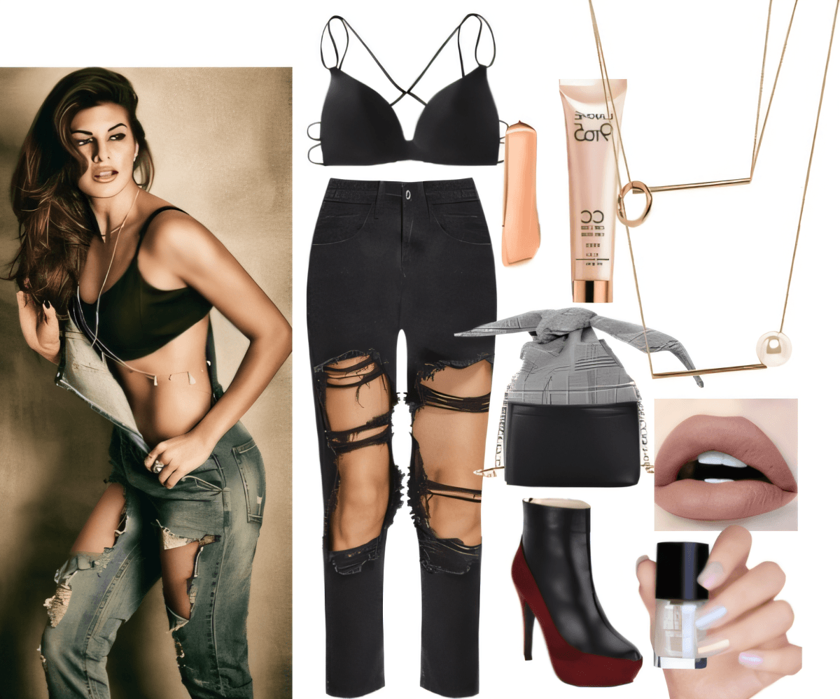 Edgy outfit featuring black bralette, distressed black jeans, platform boots, grey handbag, and delicate jewelry with makeup accents