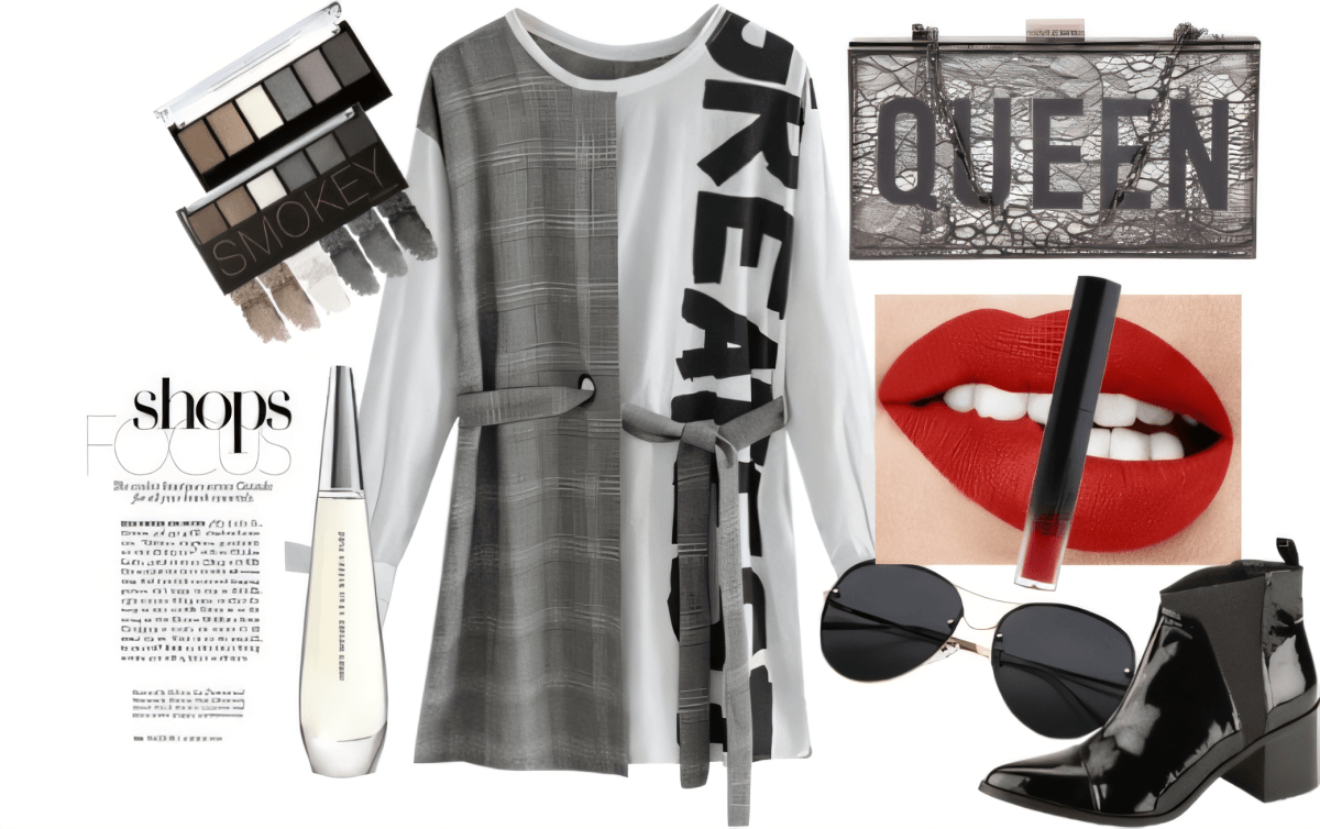 Streetwear ensemble featuring grey plaid dress with white sleeve detail, black boots, statement clutch, eyeshadow palette, and red lip accessories