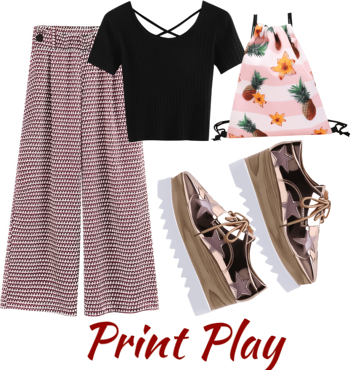 Conjunto de verano con pantalones anchos estampados, top corto negro, bolso con cordón y estampado de piña y zapatillas de plataforma metalizadas.