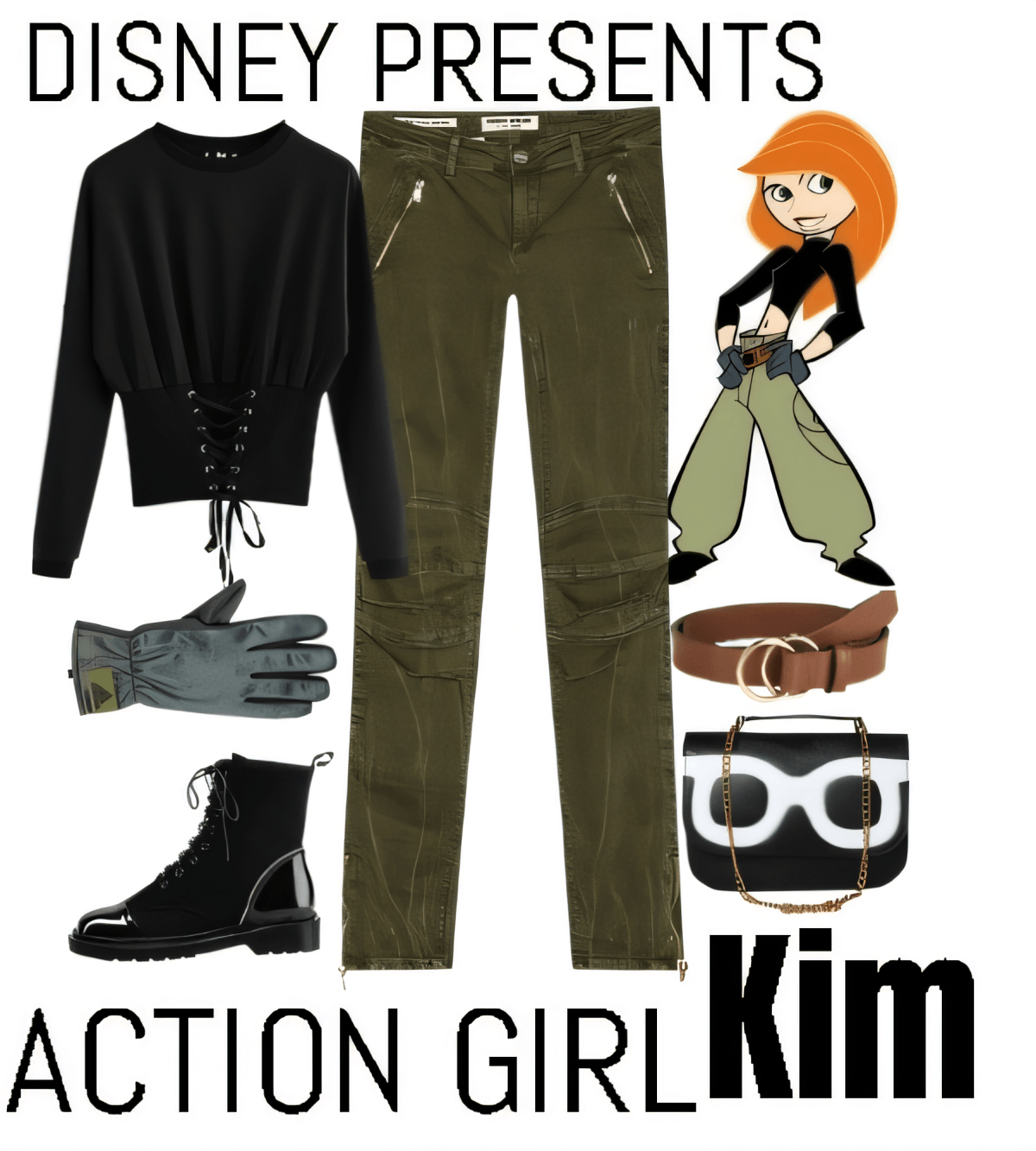 Edgy action-inspired outfit featuring black corset sweater, olive cargo pants, combat boots, leather gloves, and accessories inspired by Kim Possible