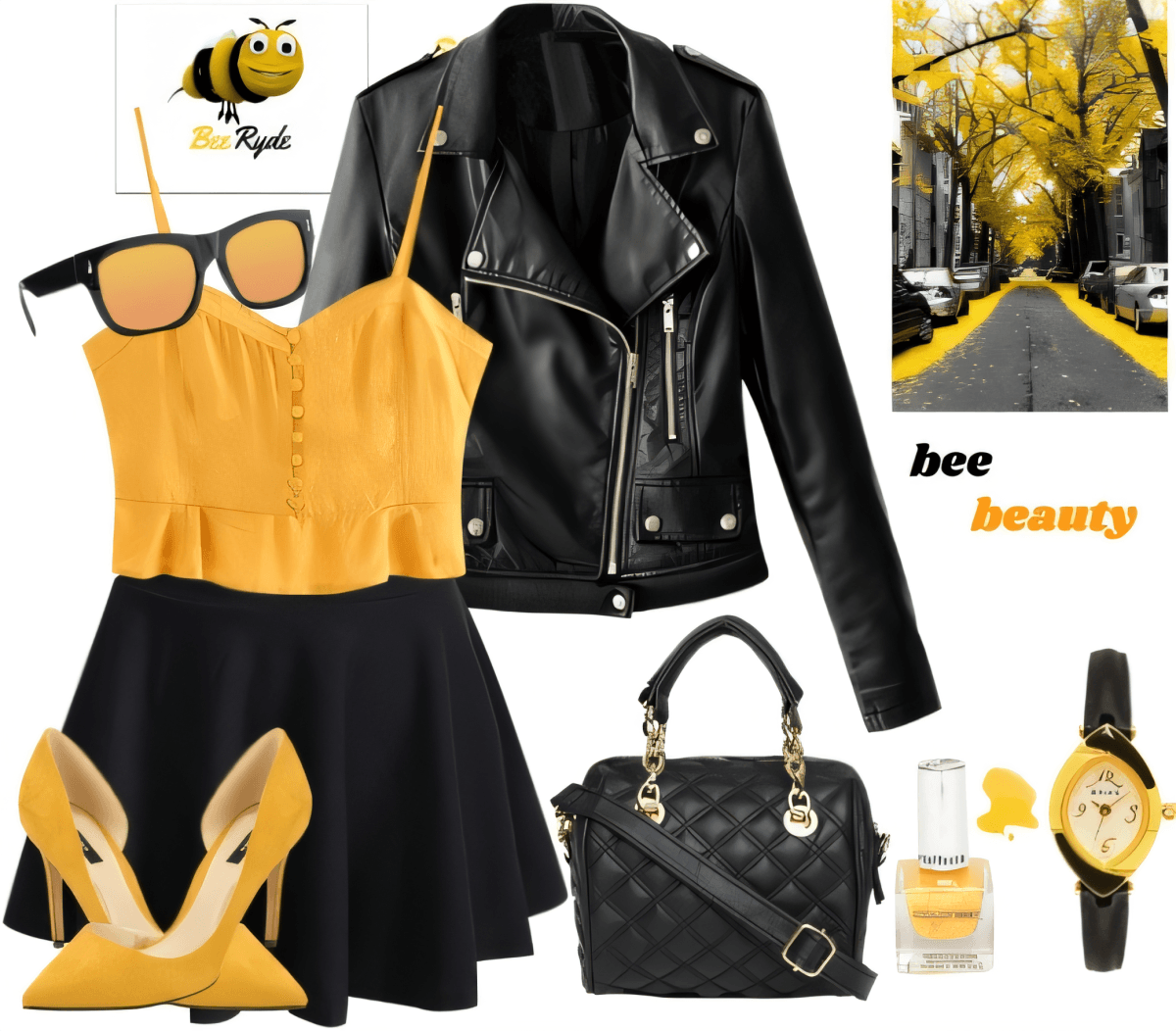 Modeset bestehend aus gelbem Camisole-Oberteil, schwarzer Lederjacke, schwarzem Skaterrock, gelben Heels, schwarzer Stepptasche und Accessoires mit Bienenmotiv