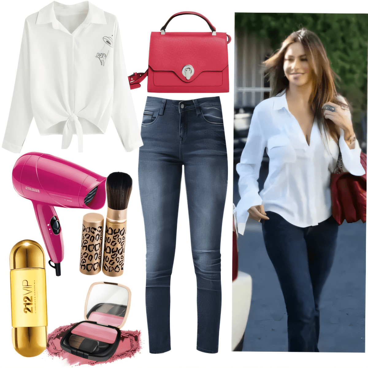Tenue chic et décontractée composée d'un chemisier blanc noué sur le devant, d'un jean skinny foncé, d'un sac à main rouge structuré et d'accessoires de beauté