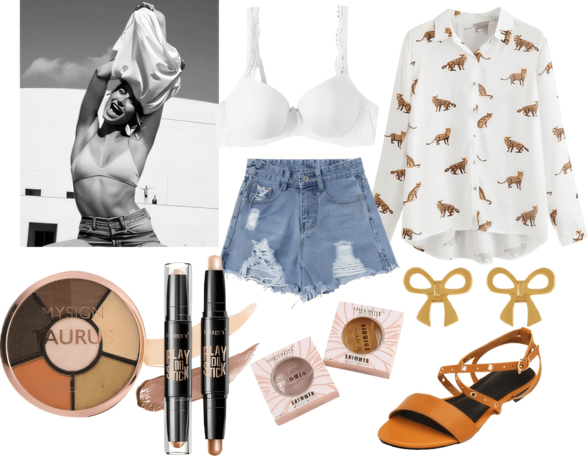 Conjunto de verano con camisa con estampado de zorro, pantalones cortos de mezclilla desgastados, sujetador blanco, aretes de lazo dorado, sandalias marrones y paleta de maquillaje neutra.