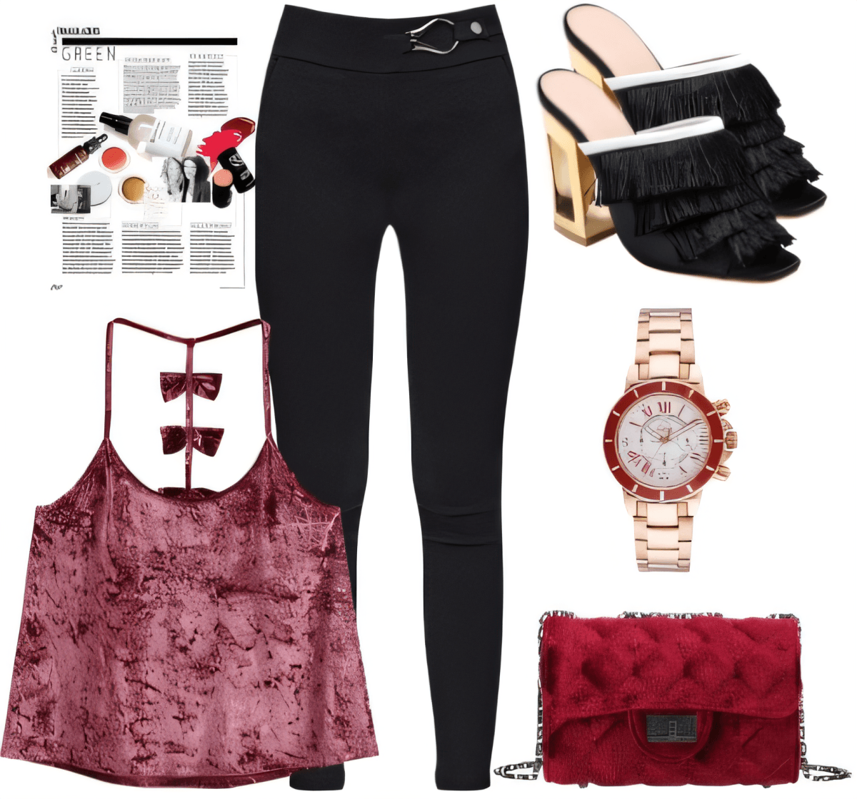 Luxurious evening outfit featuring burgundy velvet cami, black skinny pants, black fringe mules, rose gold watch, and burgundy quilted bag