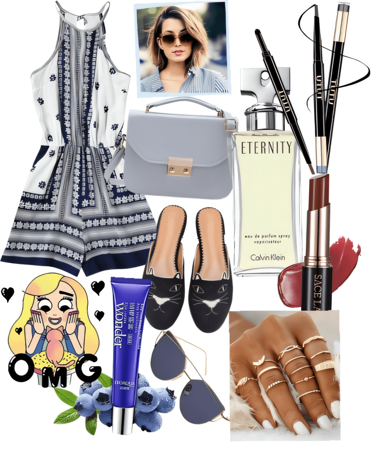 Summer outfit featuring navy and white printed romper, grey handbag, black cat flats, sunglasses, perfume, and accessories