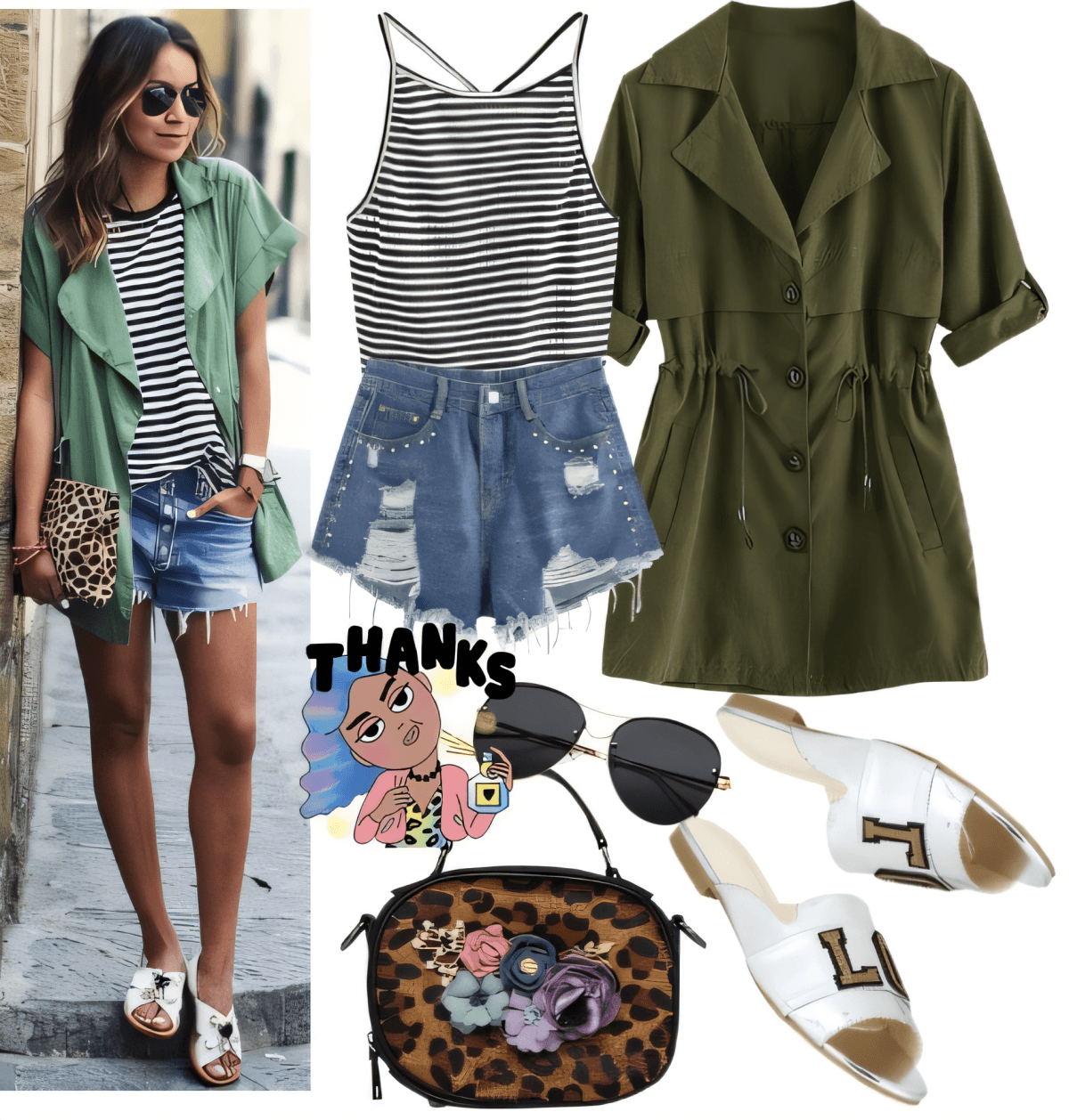 Summer outfit with striped halter top, distressed denim shorts, olive utility jacket, white sandals, and leopard print accessories