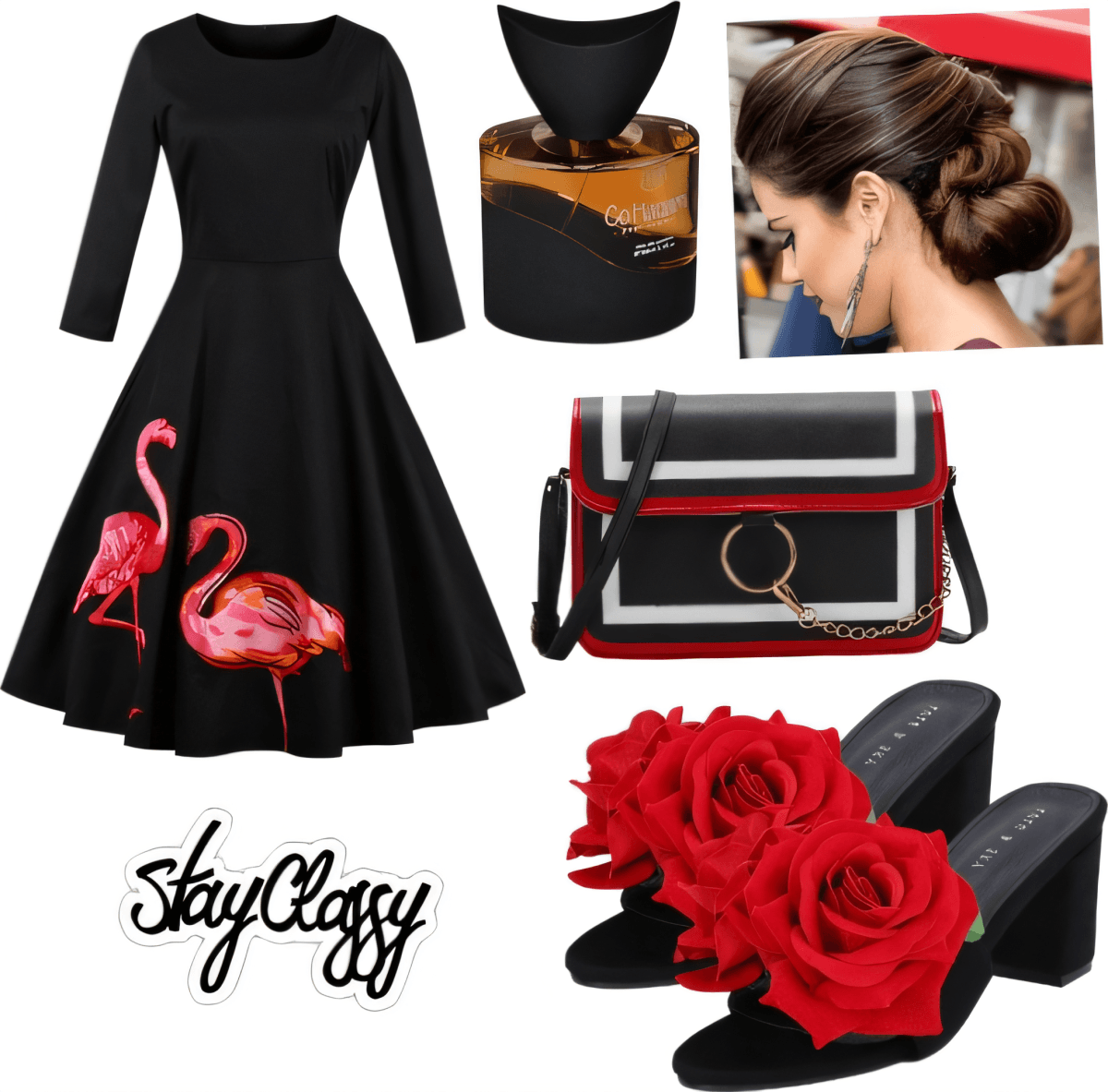 Inspiración en vestido negro estilo vintage con estampado de flamencos rosas, sandalias con rosas rojas, bolso negro y rojo, frasco de perfume y elegante peinado recogido