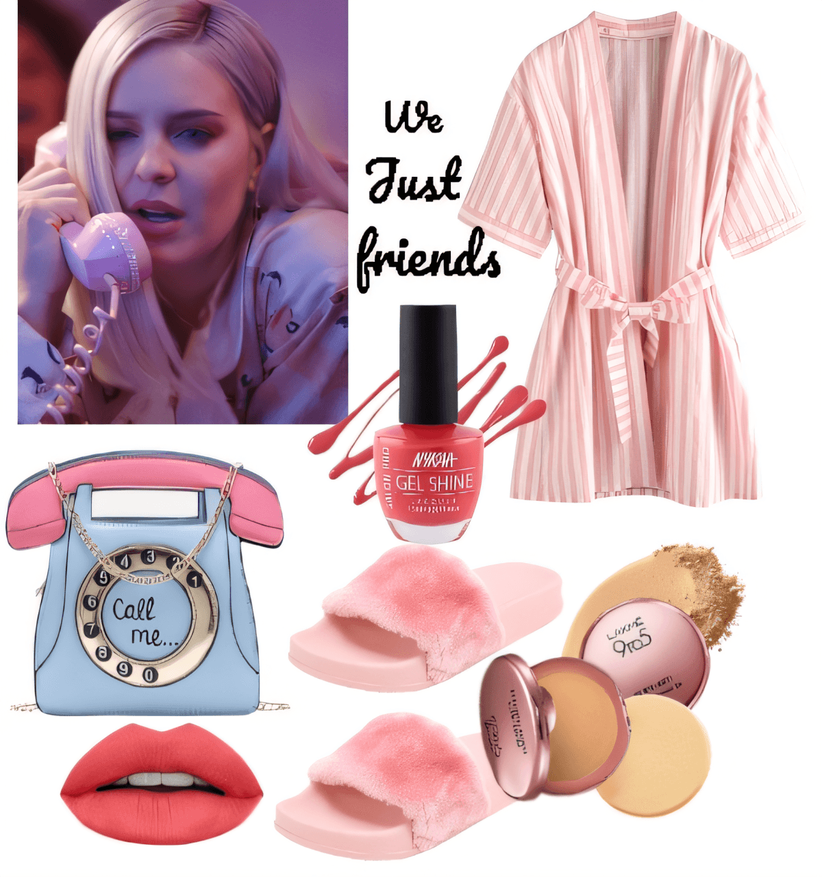 Collection esthétique rose pastel comprenant une robe rayée, des pantoufles duveteuses, du vernis à ongles corail, des illustrations de téléphone rétro et des accessoires de maquillage