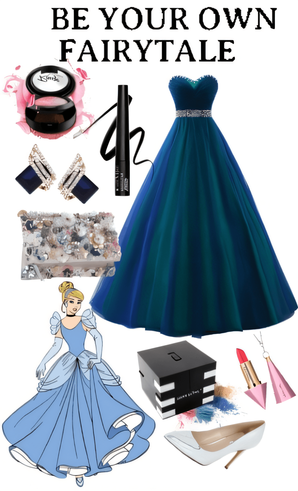 Elegant evening ensemble featuring a teal ball gown, crystal accessories, makeup essentials, and formal styling elements