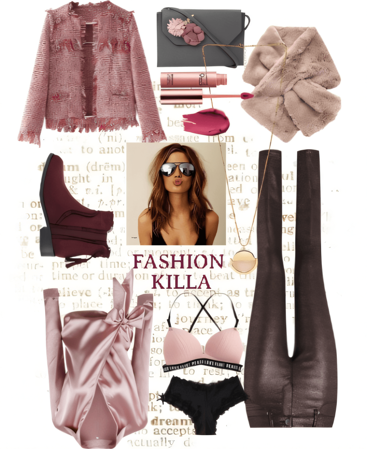 Luxury winter outfit featuring pink tweed jacket, rose satin bodysuit, burgundy boots, grey handbag, and coordinating accessories in pink tones