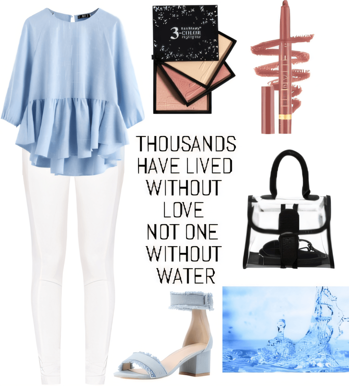 Light blue ruffled top with white pants, blush makeup palette, clear handbag, and nude sandals creating a fresh summer look