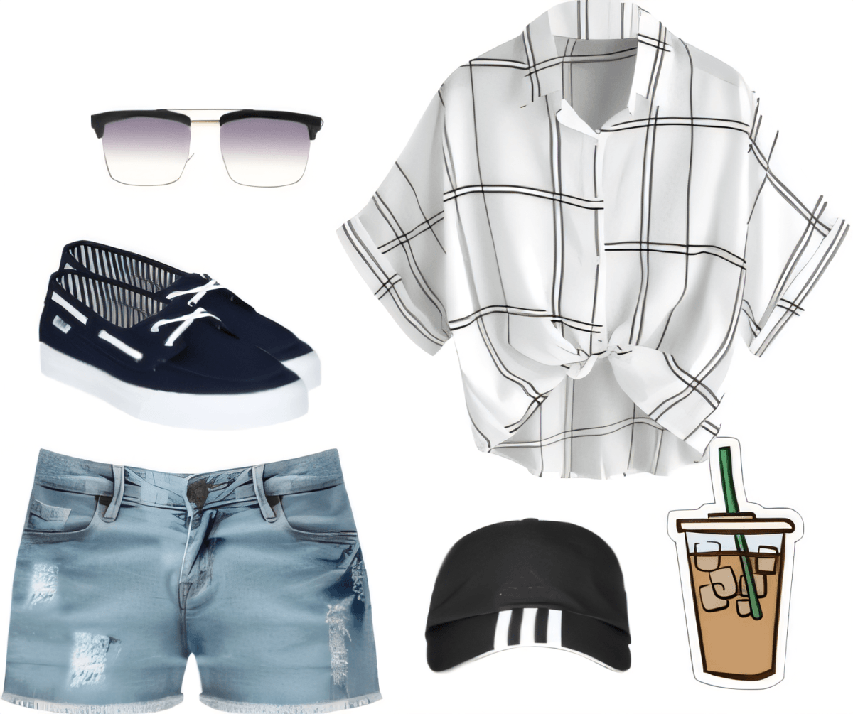 Casual summer outfit with white gridded oversized shirt, denim shorts, navy boat shoes, sunglasses, black cap, and iced coffee