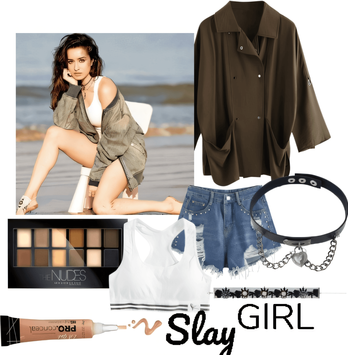 Casual chic outfit featuring oversized olive jacket, distressed denim shorts, white crop top, choker necklace, and neutral makeup palette