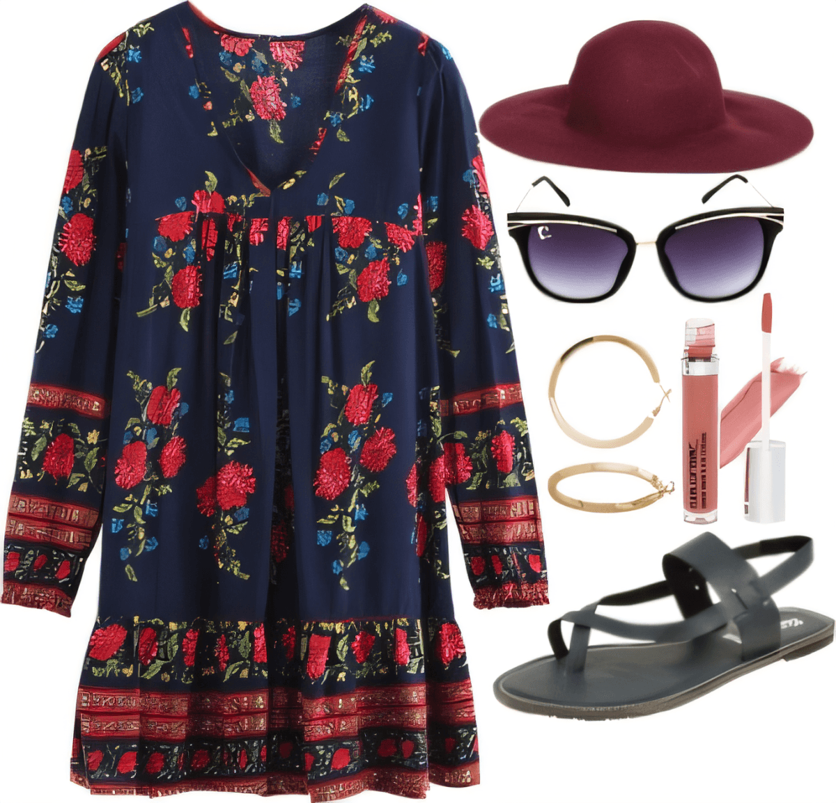 Boho outfit featuring navy floral dress, burgundy hat, sunglasses, sandals and accessories