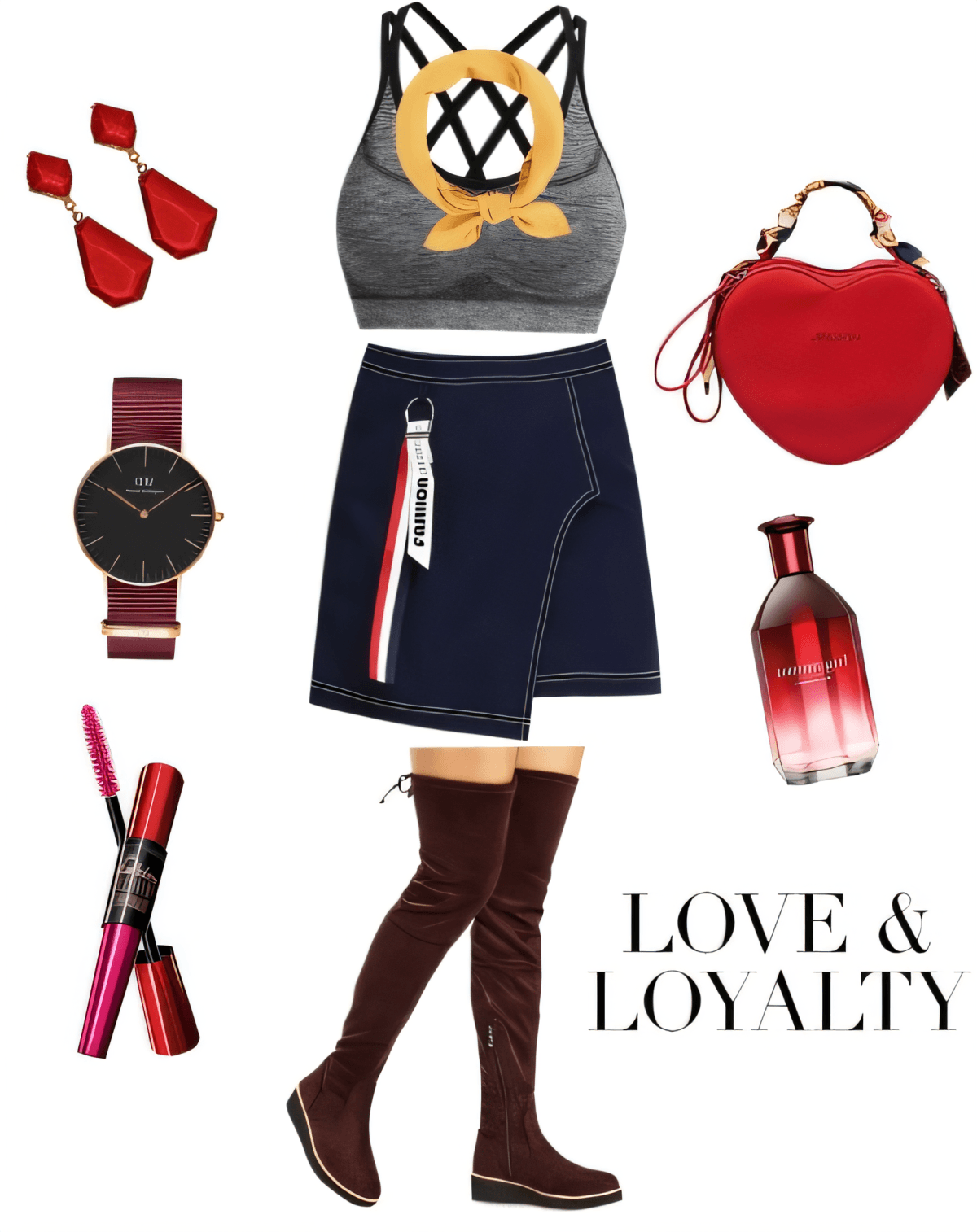 Casual-luxe outfit with grey sports bra, navy wrap skirt, brown over-knee boots, red heart bag, and coordinating red accessories