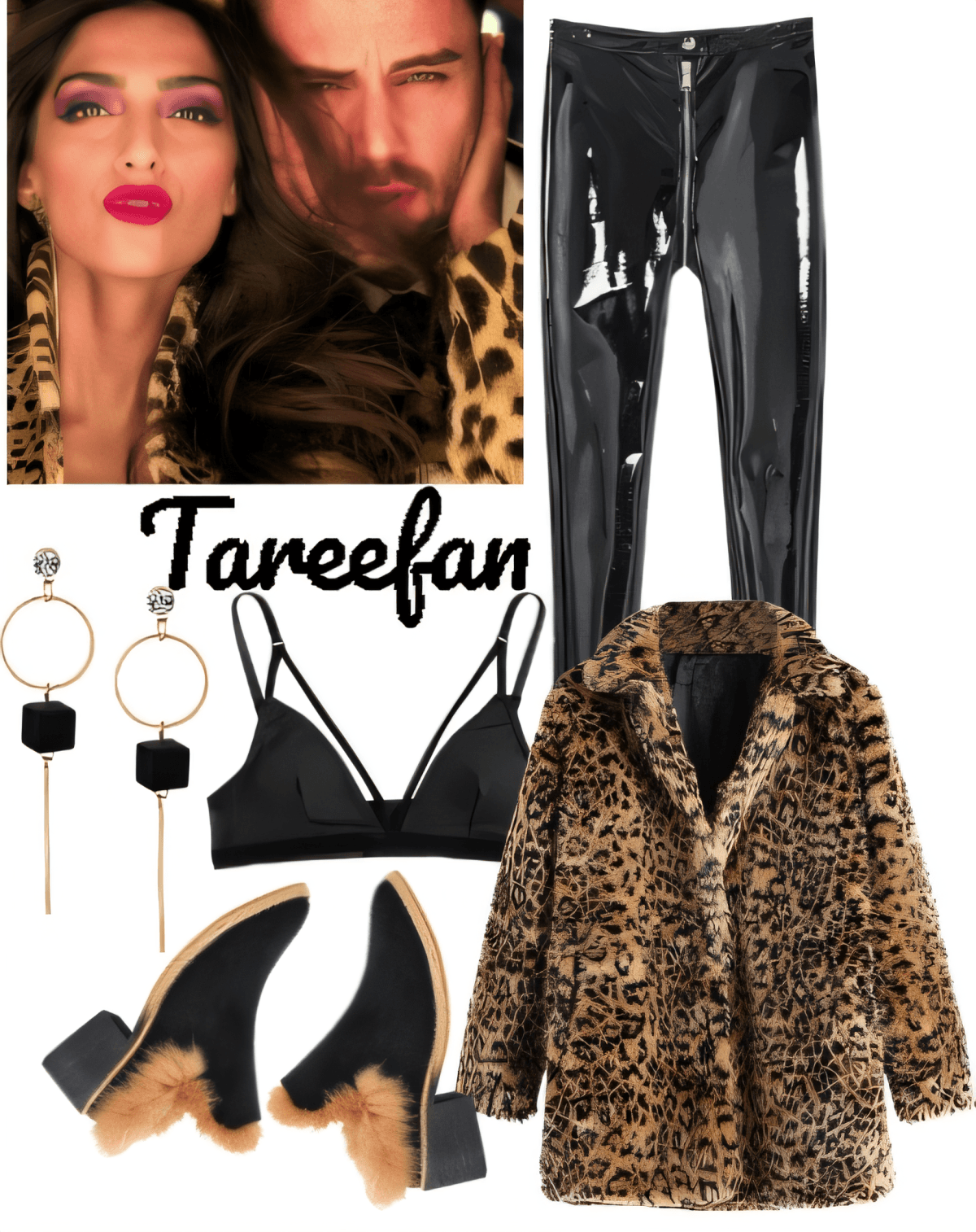 Atuendo atrevido con abrigo con estampado de leopardo, pantalones de vinilo, bralette negro, pendientes llamativos y botines negros.