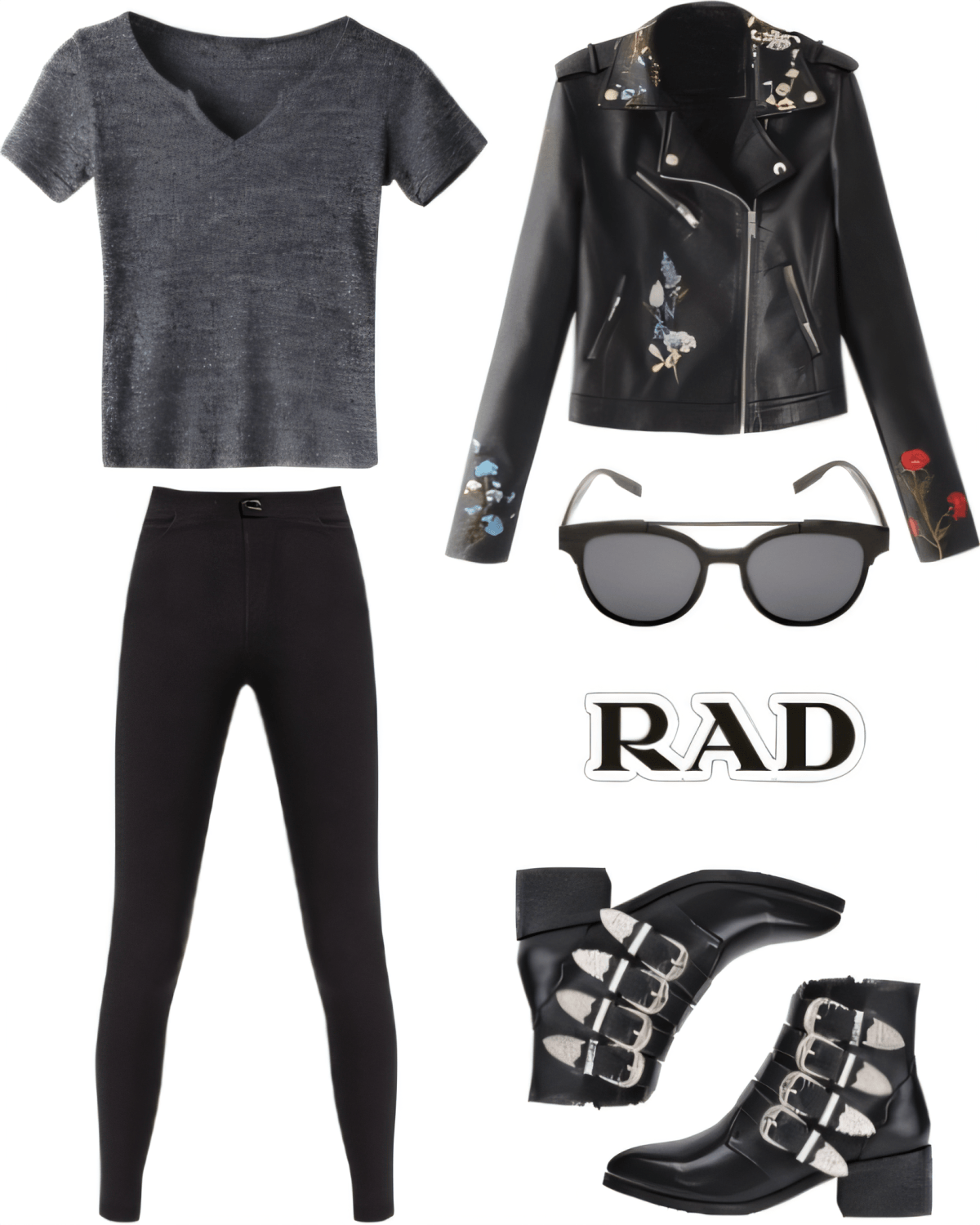 Edgy casual outfit with grey v-neck tee, black leather jacket with butterfly details, black leggings, combat boots and sunglasses