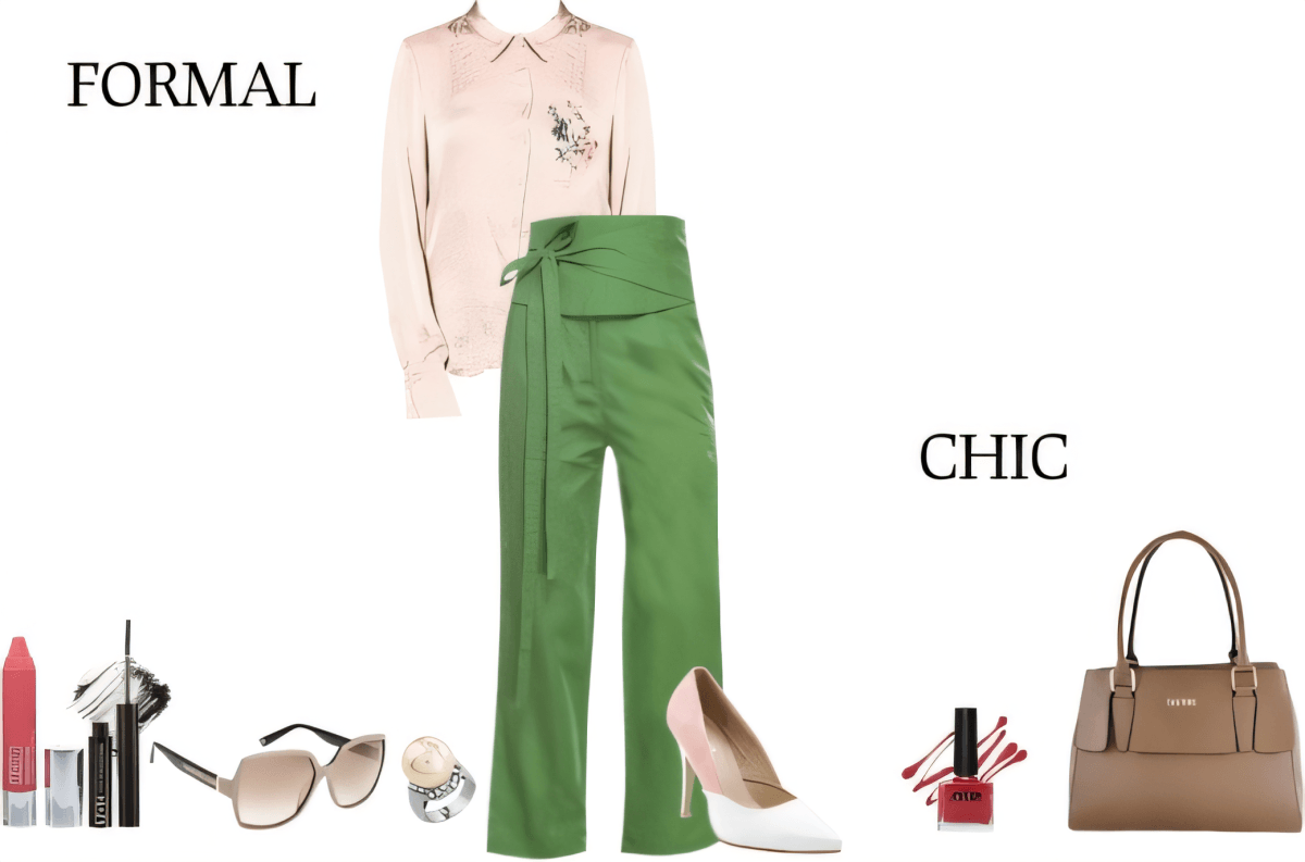 Professional outfit featuring blush pink blouse, sage green wide-leg pants, nude pumps, and tan handbag with coordinating accessories