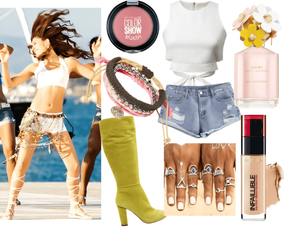 Summer festival outfit with white crop top, denim shorts, olive boots, makeup and accessories