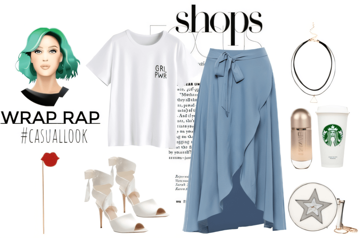 Casual chic outfit with white graphic tee, flowing blue wrap skirt, white heels, silver accessories and Starbucks tumbler