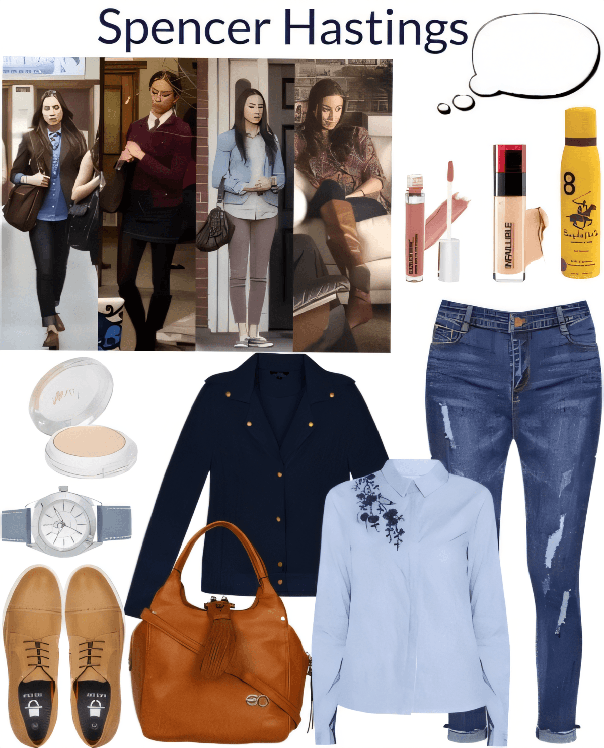 Professional casual outfit with light blue embroidered shirt, navy blazer, distressed jeans, oxford shoes, and brown leather bag