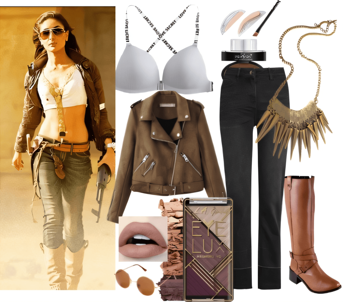 Atuendo casual atrevido con chaqueta de cuero marrón, jeans ajustados negros, bralette blanco, botas altas marrones, collar llamativo y accesorios de inspiración boho.