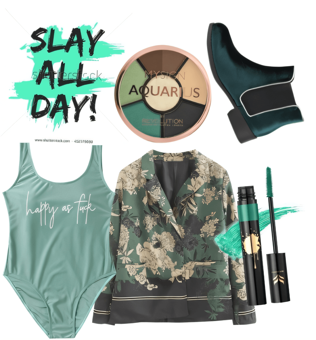 Tenue athleisure de luxe comprenant un maillot de bain vert menthe, une veste bomber fleurie, des bottines, une palette de fards à paupières et du mascara vert