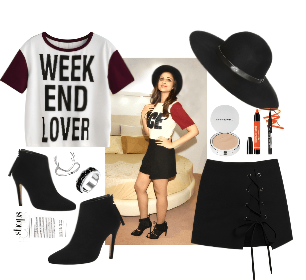 Casual chic weekend outfit featuring Weekend Lover graphic tee, black lace-up skirt, ankle boots, and wide-brim hat with makeup accessories