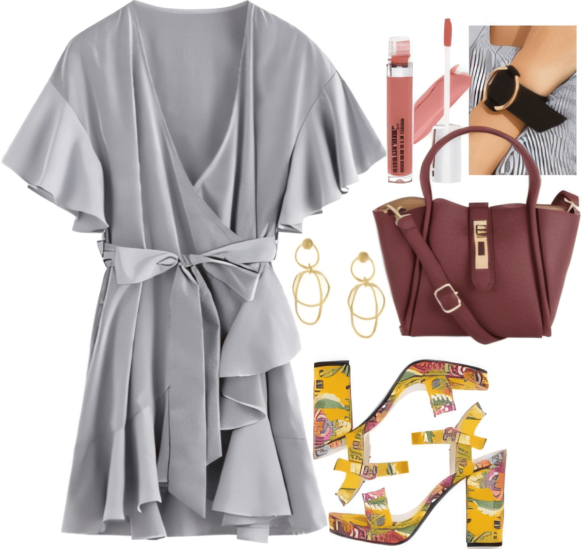 Romantic outfit featuring grey wrap dress with flutter sleeves, burgundy handbag, floral block heels, and gold accessories