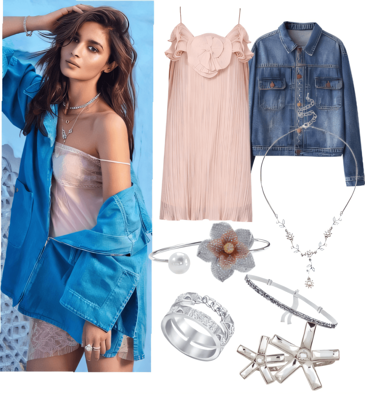 Conjunto de moda con vestido plisado rosa, chaqueta vaquera de gran tamaño, collares en capas y delicados accesorios plateados.