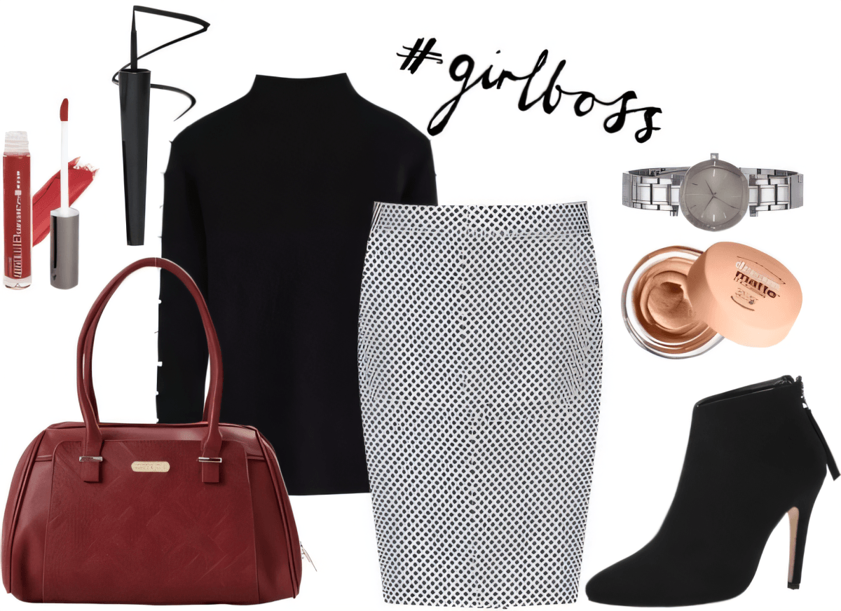 Professional outfit featuring black turtleneck, polka dot pencil skirt, black ankle boots, burgundy bag, and elegant accessories