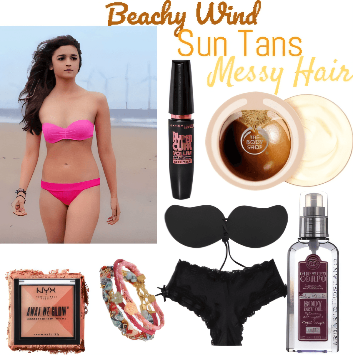 Atuendo de playa de verano con conjunto de bikini rosa intenso, productos de belleza y accesorios que incluyen brillo corporal, rímel y accesorios para el cabello.