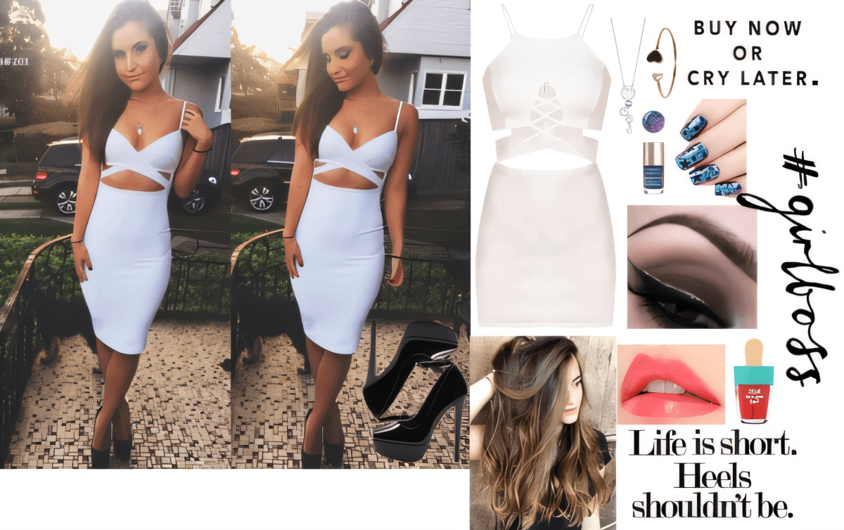 White two-piece outfit featuring crop top and pencil skirt with matching accessories and beauty inspiration