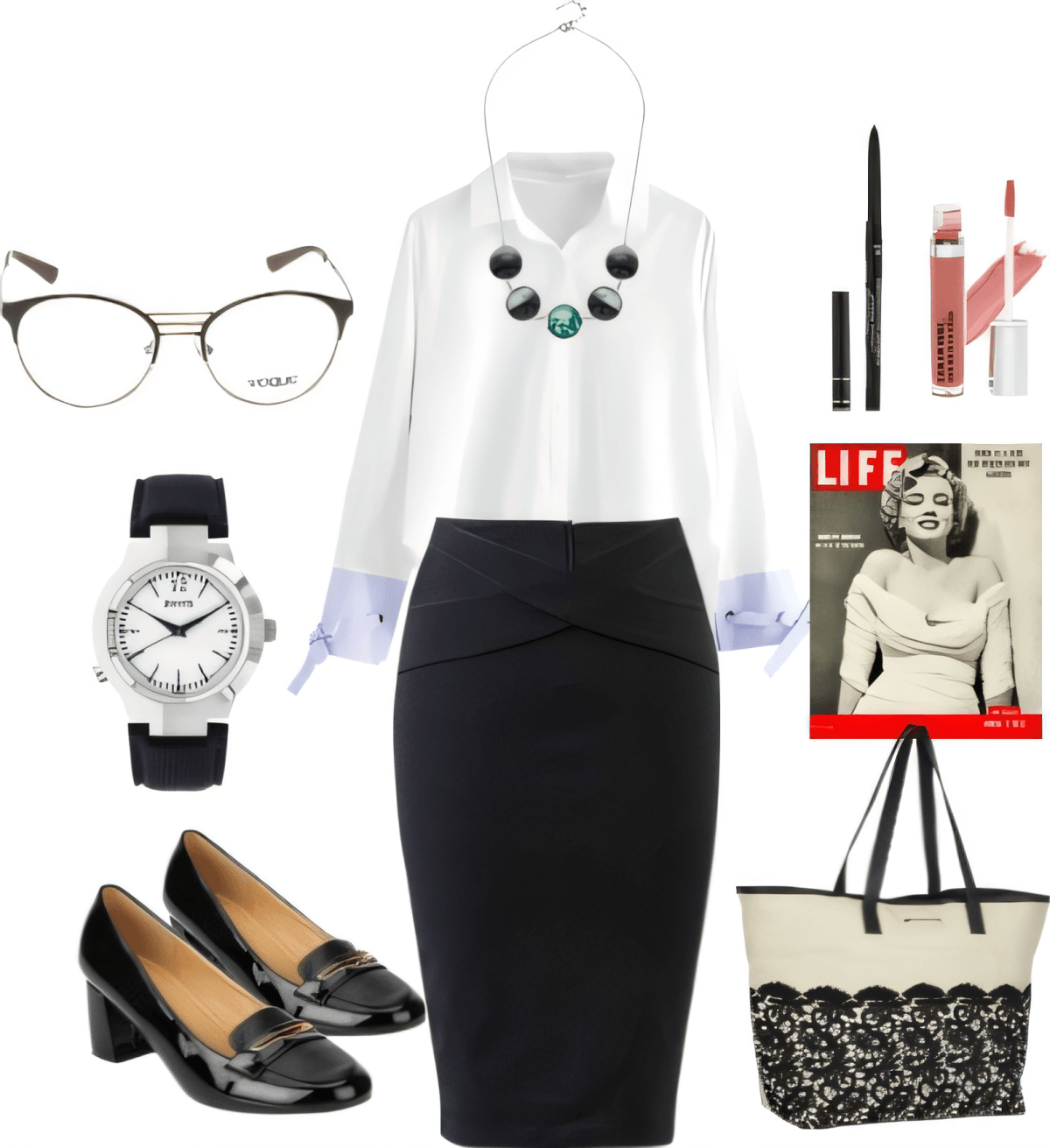 Professional outfit with white button-up blouse, black pencil skirt, statement necklace, vintage-inspired accessories, glasses, and patent loafers