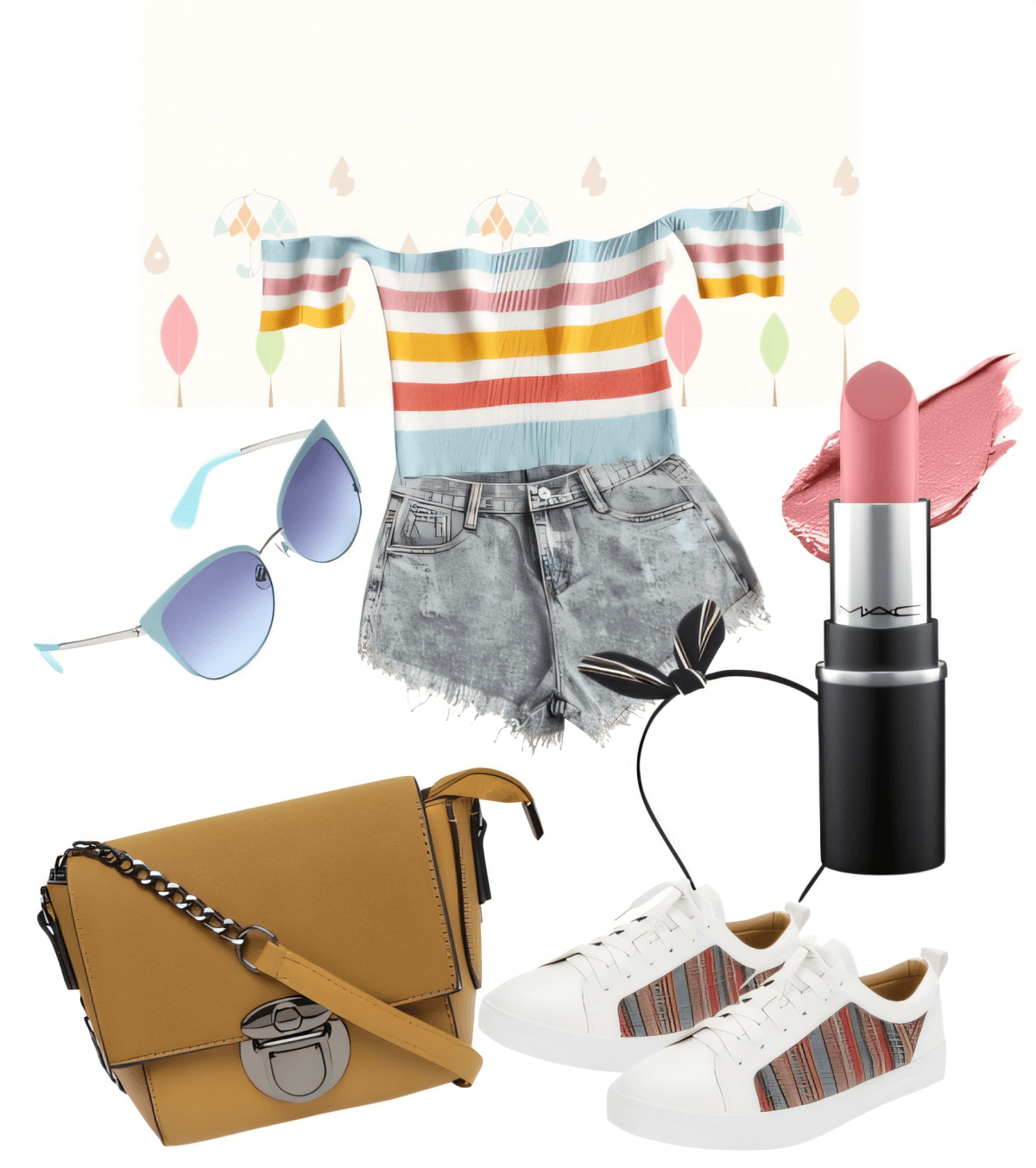 Lässiges Sommeroutfit mit gestreiftem bauchfreiem Top, Jeansshorts im Used-Look, weißen Sneakers, hellbrauner Umhängetasche, Sonnenbrille und rosa Lippenstift