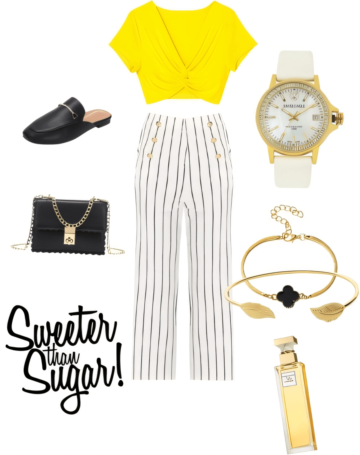 Tenue d'été avec crop top jaune, pantalon blanc rayé, accessoires noirs, montre et bijoux en or et parfum