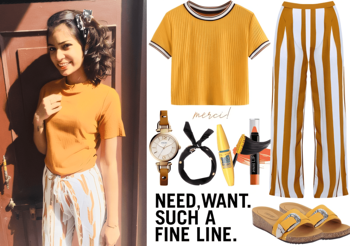Retro summer outfit with mustard yellow ribbed top, striped wide-leg pants, sandals, and vintage accessories