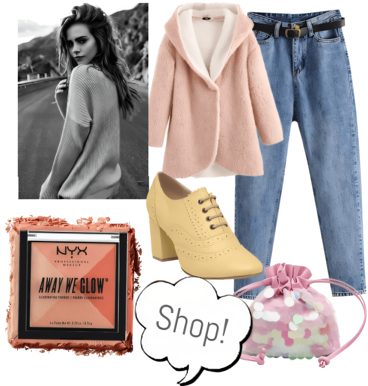 Casual outfit featuring pink teddy coat, mom jeans, yellow oxford heels, NYX blush, and floral makeup bag