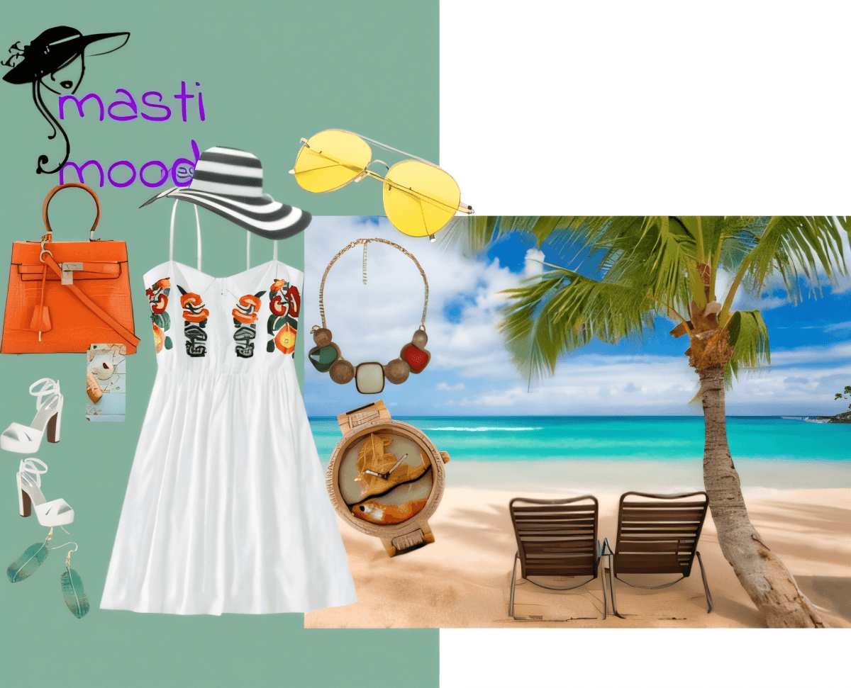 Strandurlaubs-Outfit mit weißem besticktem Sommerkleid, orangefarbener Handtasche, Riemchensandalen, gelber Sonnenbrille und Statement-Kette