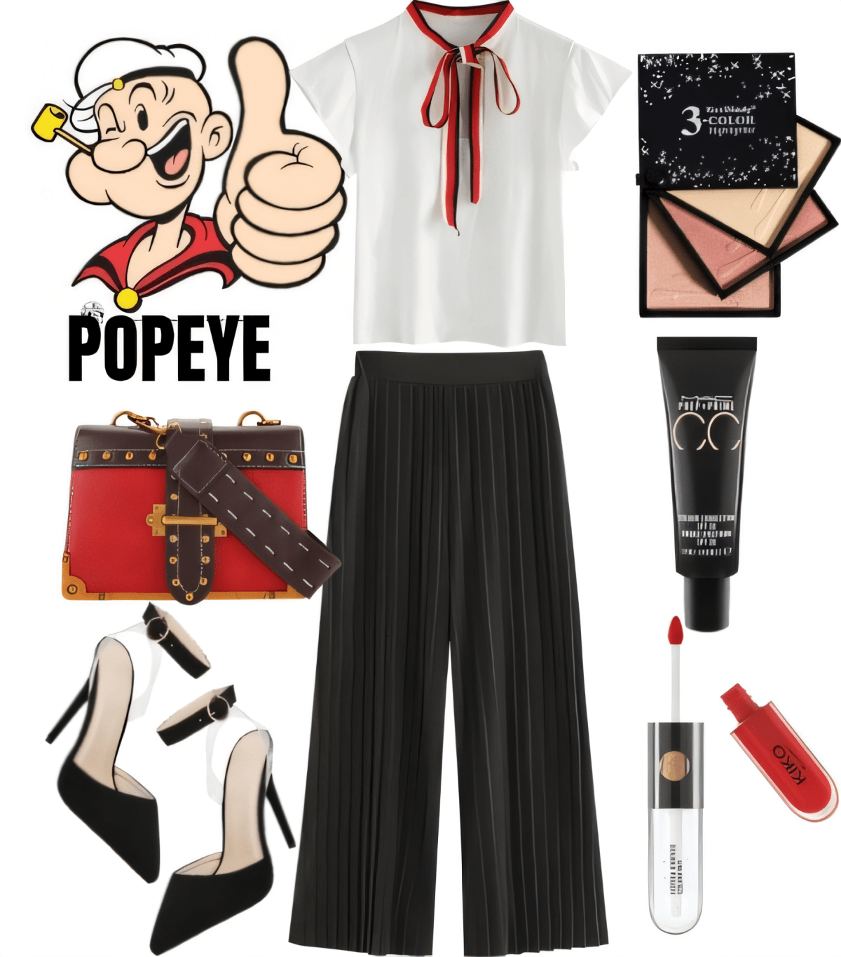Fashion set featuring white tie-neck blouse, black pleated pants, black heels, red handbag, and makeup accessories with Popeye cartoon graphic